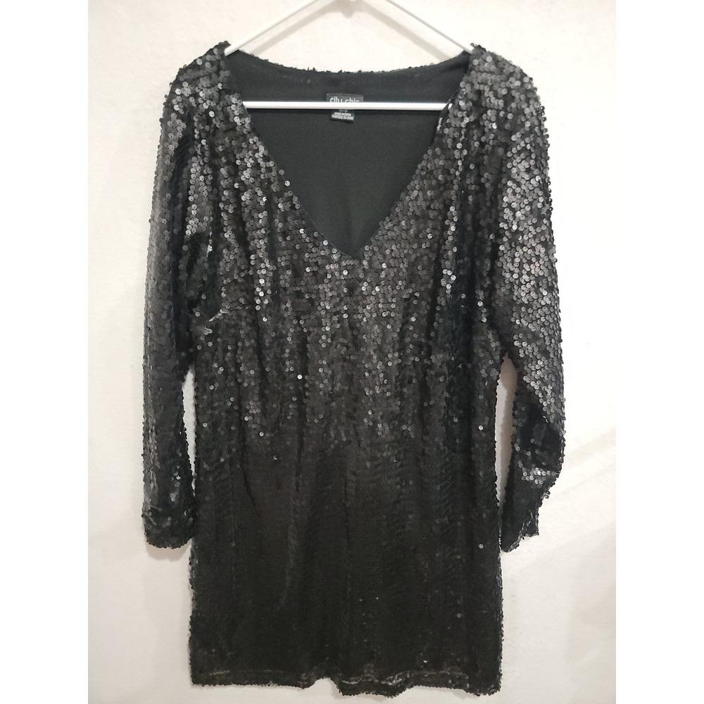 City Chic M/18 Black Sequin‎ V-Neck Long Sleeve Mini Dress Plus Size Party Night